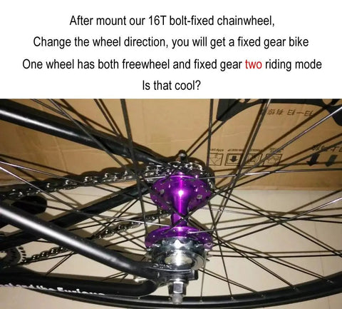 Close-up of bicycle rear wheel with purple hub and 28T Fixed Gear Bicycle Sprocket With Brake Disc Mount Big Chain Wheel For Fixed Gear Bikes