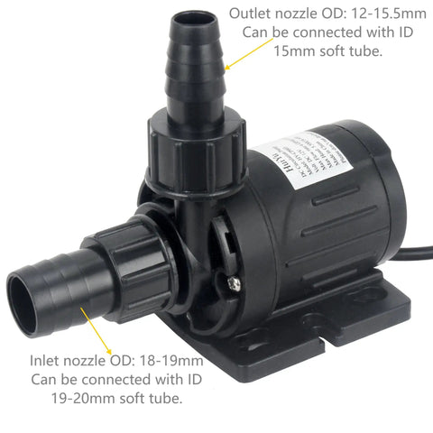 Rugged Dc Twelve Volt Submersible Water Pump For Hot Water Circulation Smooth Operator Motor Flows Three Point Five Gallons Per Minute with inlet and outlet nozzles.