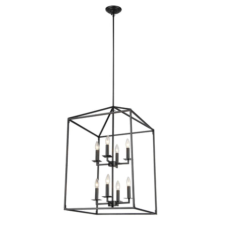Eight Light Open Frame Pendant Light In Dope Black Finish With Two Layer Iron Frame for kitchen and hall use.