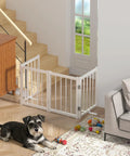 Short Dog Gate For Tiny Paws Under Fifteen Pounds With Foldable Four Panel Barrier Expands To Forty Eight Inches Wide installed at stairs.