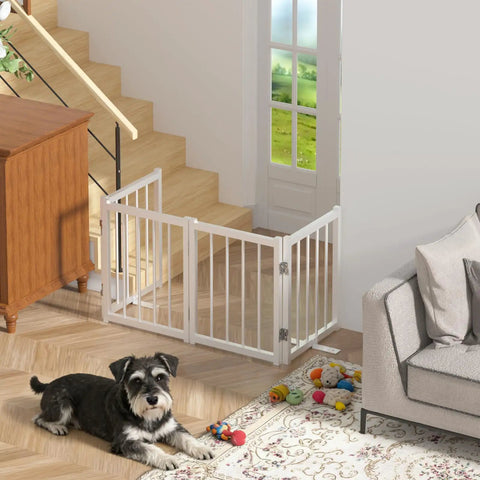 Short Dog Gate For Tiny Paws Under Fifteen Pounds With Foldable Four Panel Barrier Expands To Forty Eight Inches Wide installed at stairs.
