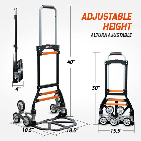 Beefy 280 Lb Capacity Stair Climbing Cart Folding Hand Truck Dolly with adjustable height, aluminum frame, and six wheels.