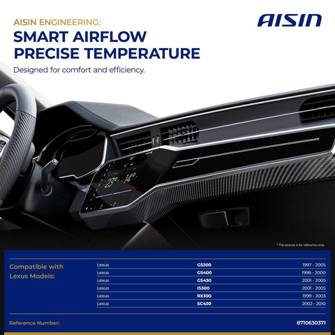 Close-up of Lexus dashboard showcasing Aisin HVAC system compatible with models RX300 IS300 GS300 GS400 GS430 SC430 1997 to 2010.