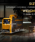 Beast 50A Dual Voltage Plasma Cutter With LCD Display and Air Pressure Readout in operation, showing dimensions