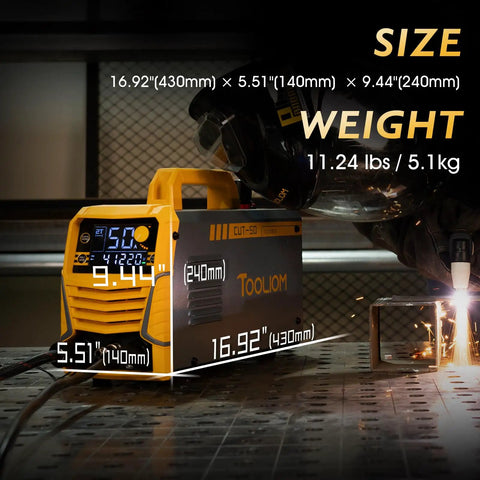 Beast 50A Dual Voltage Plasma Cutter With LCD Display and Air Pressure Readout in operation, showing dimensions