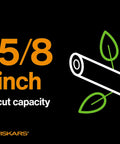 Diagram showing 5/8 inch cut capacity for Bypass Pruning Shears For Fast Clean Cuts, Five Eighth Inch Cut Capacity, Sharp Steel Blade.