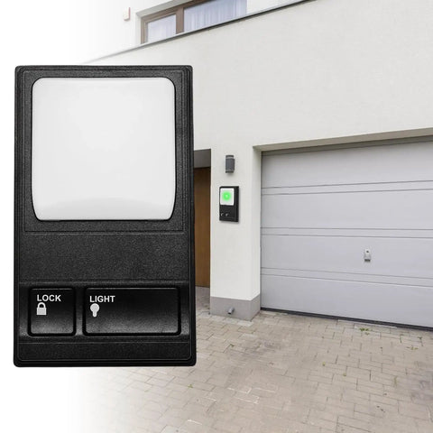 Wall Mount Garage Door Control Panel Switch For Plug And Play Opener Setup with lock and light buttons next to garage.