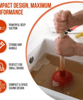 No Problem Small Sink Plunger With Four Inch Cup Straight Shooter Drain Tool For Bathroom Kitchen Clogs And Rv Vanities Space Saving Hand Pump in use in clogged sink.