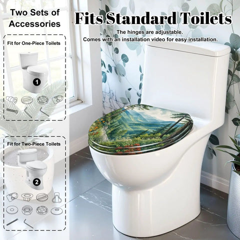 Elongated Mountain Valley Landscape Pine Forest Wildflowers Toilet Seat on standard toilet, showcasing installation instructions.