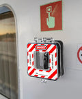 Emergency Stop Button Cover Box Type Transparent Guard Lockout Shield For Stop Button mounted beside sign on wall