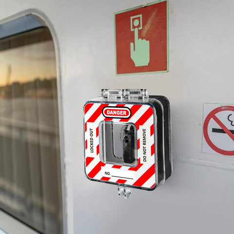 Emergency Stop Button Cover Box Type Transparent Guard Lockout Shield For Stop Button mounted beside sign on wall