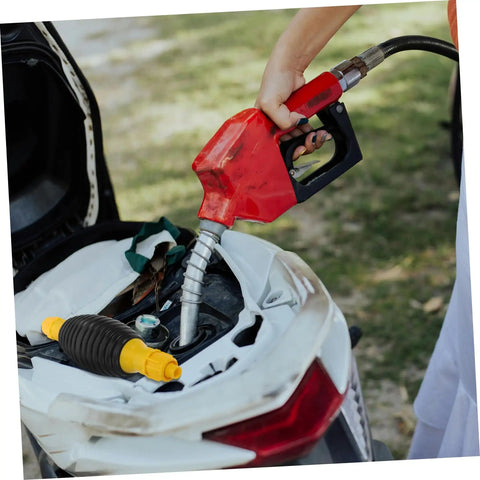 Portable Transfer Pump For Trucks, Cars, And Boats - Manual Siphon Pump For Fast Liquid Transfer, Easy Extraction, No Spill Design, Anti Leak Air Feature, Great For Yachts And Heavy Equipment Tools, red fuel transfer pump filling a vehicle tank