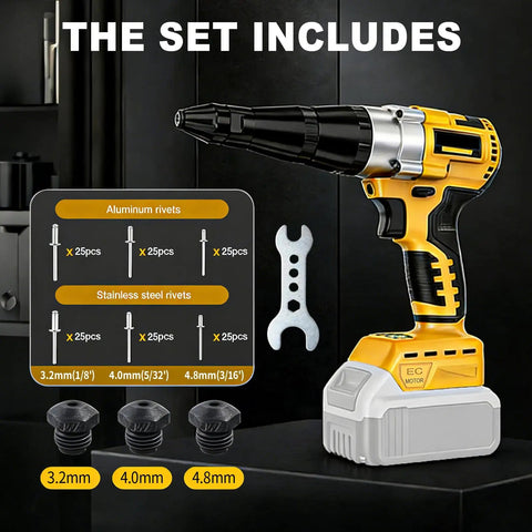 Cordless Pop Rivet Gun Kit For DeWalt 20V Max Brushless Automatic Riveting Tool with rivet sizes 1/8 5/32 3/16 shown