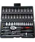 Nuts And Bolts 46 Piece Torque Wrench And Screwdriver Ratchet Set Chrome Vanadium Steel Socket Spanner Kit For Auto Bike Household Mechanic Repair Jobs Hand Tool Black in a compact storage case.