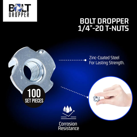 Beefy Heavy Duty T Nut Wood Insert For Wood And Composite Materials With Carbon Steel Construction And Black Zinc Finish, Flush Mount 4 Prong 1/4 By 20 Threads, 5/16 Inch Long, Durable Fasteners Set Of 100 For Furniture And Projects