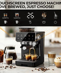 Compact Semi Automatic Espresso Machine With Built In Burr Grinder And Steam Frother 20 Bar Pressure Quick Heat Countertop Coffee Maker with touchscreen and brewed coffee.