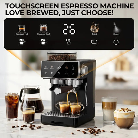 Compact Semi Automatic Espresso Machine With Built In Burr Grinder And Steam Frother 20 Bar Pressure Quick Heat Countertop Coffee Maker with touchscreen and brewed coffee.