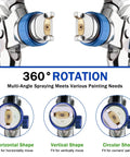Straight Up Pro Quality HVLP Paint Spray Gun Delivers Hella Smooth Finishes With Four Stainless Steel Nozzles 1.4 To 2.5 Mm Plus Twenty Six Hundred Milliliter Disposable Cups And Adapter showing 360° rotation for various painting angles.