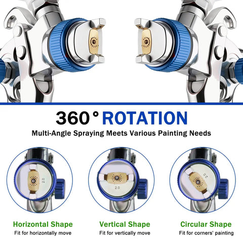 Straight Up Pro Quality HVLP Paint Spray Gun Delivers Hella Smooth Finishes With Four Stainless Steel Nozzles 1.4 To 2.5 Mm Plus Twenty Six Hundred Milliliter Disposable Cups And Adapter showing 360° rotation for various painting angles.