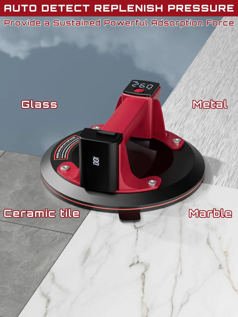 4x3000mAh Electric Suction Cup Lifter With 570lbs Max Load Capacity Heavy Duty Vacuum Tool on different surfaces including glass and marble.