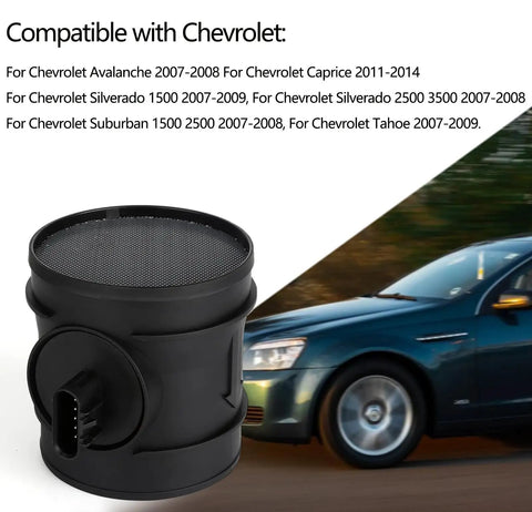 Mass Air Flow Sensor MAF Meter Fits Chevy Avalanche Yukon Tahoe Sierra Silverado Suburban 1500 2500 3500 Replaces 2451149 MA198 7410146 5S8048 15900023 shown with compatible Chevy vehicles.