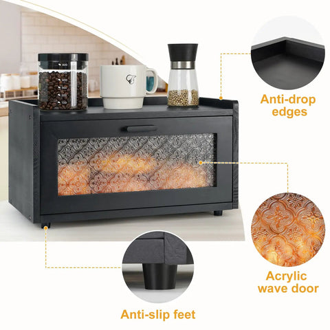 Big Ol Stackable Pine Wood Bread Box With Patterned Acrylic Door For Kitchen Countertop Vintage Style Bread Bin Pantry Organizer For Sourdough Bagels And Snacks Easy Assembly Black with anti-drop edges and anti-slip feet