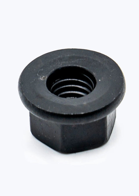 Six Piece Steel Flanged Nut Set Three Eighths Sixteen Threads Black Oxide Finish Heat Treated For Heavy Duty Automotive And Machinery Projects Great For Auto Repair Installation And Heavy Equipment Builds, close-up