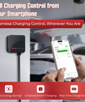 Person using smartphone app to control Level 2 EV Charger 11.5 kW 48A Hardwired Home Charging Station With Smart WiFi App Control