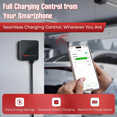 Person using smartphone app to control Level 2 EV Charger 11.5 kW 48A Hardwired Home Charging Station With Smart WiFi App Control