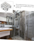 Close-up of a two-piece stainless steel double-sided hinge for glass doors with screws.