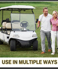 Couple walking beside a golf cart on a grassy field with text 'USE IN MULTIPLE WAYS' below