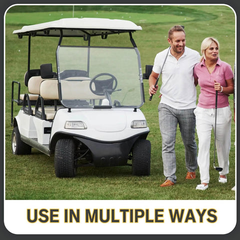 Couple walking beside a golf cart on a grassy field with text 'USE IN MULTIPLE WAYS' below