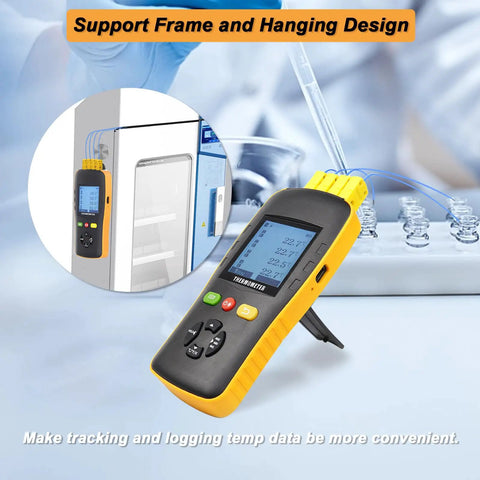 K Type Thermocouple Data Logger With USB For Four Channel Temperature Monitoring Pro Grade Digital Thermometer displayed in lab