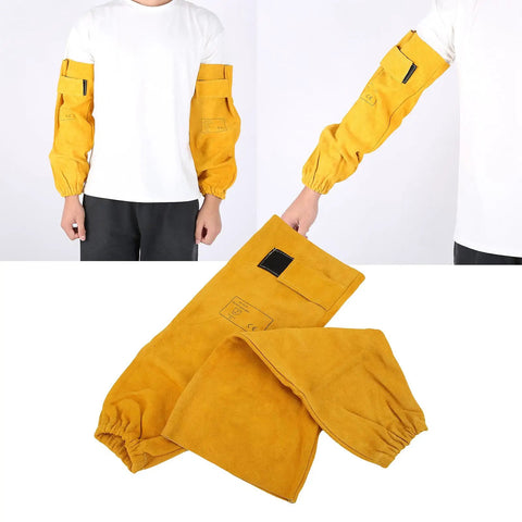 Badass Heat Resistant Cowhide Welding Sleeves Built Tough To Block Sparks Rock Solid Arm Protection For Mechanics And Daily Grind In Golden Yellow on a model's arms.