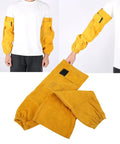 Tough As Nails Heavy Duty Cowhide Welding Sleeves in golden yellow color worn on arms, providing heat protection for welding.
