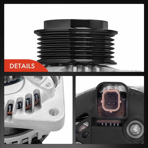 Close-up views of Beefed Up Alternator Compatible With Honda Accord And Crosstour 2010 2011 2012 3.5L V6 12V 120A With 6 Groove Decoupler Pulley Clockwise Rotation For Reliable Electrical Charging Replacement Part showing pulley and connectors.