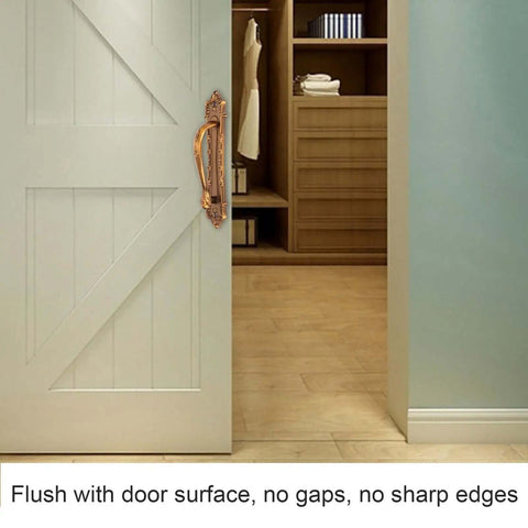 Beefy Heavy Duty Antique Barn Door Handle Set Double Sided Pull, flush mount on white sliding door with rustic carved design