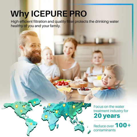 Family enjoying a meal, highlighting ICEPURE PRO filtration benefits with a focus on water quality and global contaminant reduction.