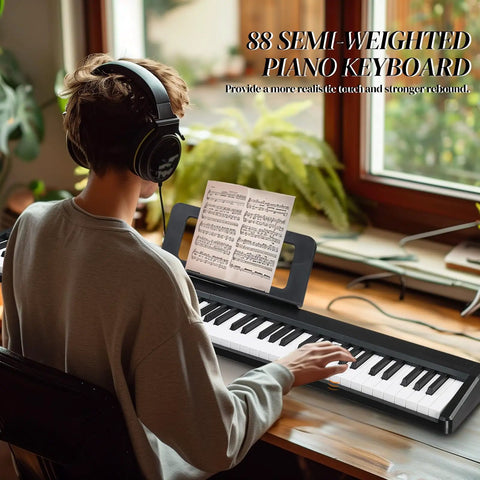 Person using Foldable 88 Key Electronic Keyboard Piano With Portable Bag, Pro Pedal, Stereo Headphones, And Bluetooth MIDI Function, Black.