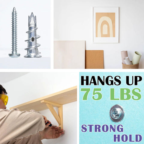 Zinc Self Drilling Drywall Anchors With Screws Kit 25 Heavy Duty Metal Wall Anchors And 25 Size 8 By One And One Quarter Inch Screws 50 Pieces Total Pre Drilled Quick Install Deep Thread Design For Strong Hold In Three Eighths Inch Gypsum Board image showing anchor, screw, and installation on wall.