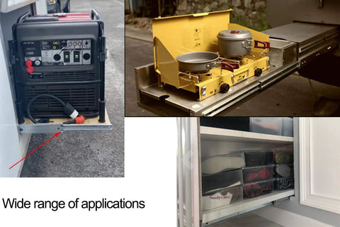 Workhorse 22 Inch Side Mount Drawer Slides 500 Lb Capacity Full Extension with generator and cooking setup mounted.