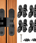 Hidden Door Hinge Set Concealed 180 Degree Cabinet Hinges For Cabinet Doors And DIY Boxes In Zinc Alloy Black 4 Pack Fits Door Thickness Eleven Sixteenth To One Inch, shown uninstalled with screws.