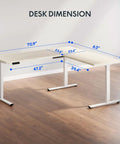 Massive 63x47 Inch L-Shaped Electric Standing Desk In Warm Maple Finish with detailed height and width measurements.