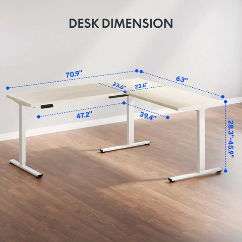 Massive 63x47 Inch L-Shaped Electric Standing Desk In Warm Maple Finish with detailed height and width measurements.