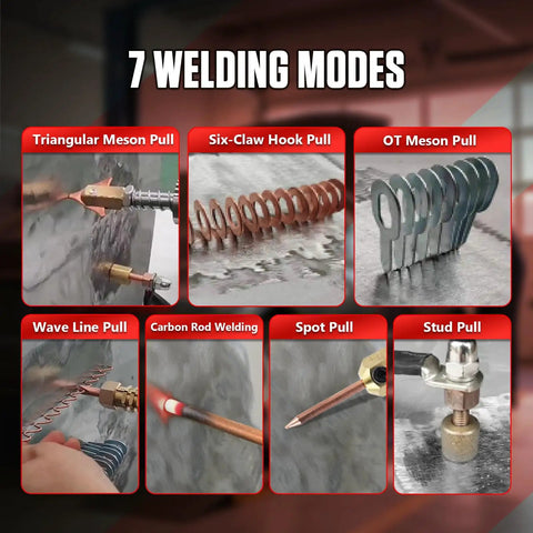 Close-up of 7 welding modes in Beast Grade Stud Welder Dent Repair Kit with 4200A Auto Body Welding Power, manual and auto modes.