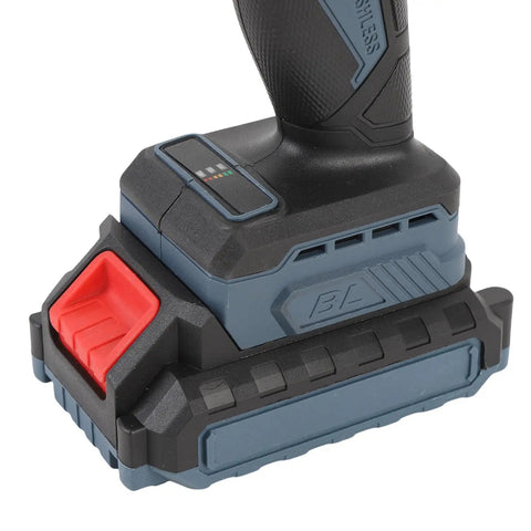 No Fuss Cordless Drill Kit Packing A Smooth Brushless Motor, 1500 Rpm Guts, Badass 45 Nm Torque To Chuck Through Wood And Plastic Effortlessly For Lazy Weekend Remodeling And Slick Diy Projects Us Plug Setup battery pack close-up showing red release button and battery level indicators.