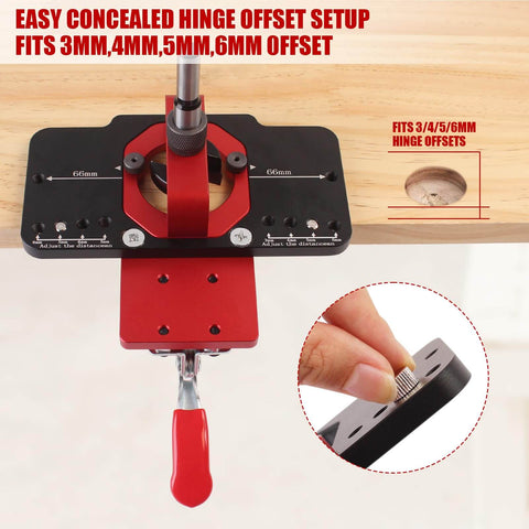 35mm Metal Concealed Hinge Jig With Quick Clamp And Dust Vacuum Adapter shown with offset setup for precise hole drilling.