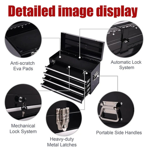 Detailed view of 21 Inch Heavy Hitter Metal Tool Box With Four Smooth Drawers And Tight Auto Latching Steel Tool Chest Built Legit For Shop Grind And Weekend Warrior Gear Black features such as anti-scratch pads and metal latches.