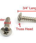 Size 10 X 3/4 Inch Truss Head Phillips Wood Screws, 100 Piece Bulk Featuring Top Shelf 304 Stainless Steel with visible dimensions.