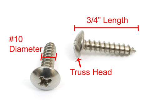 Size 10 X 3/4 Inch Truss Head Phillips Wood Screws, 100 Piece Bulk Featuring Top Shelf 304 Stainless Steel with visible dimensions.